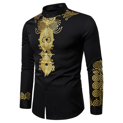 Men Turtleneck Oriental Prints Long Sleeves Shirt