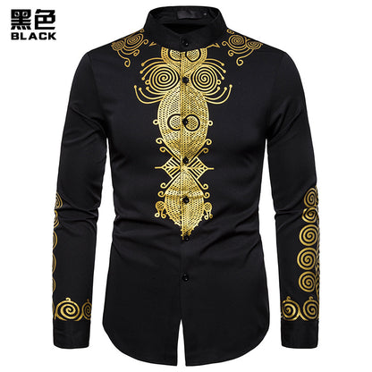 Men Turtleneck Oriental Prints Long Sleeves Shirt