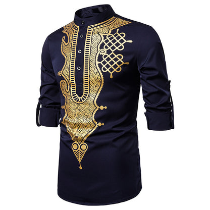 Men Crewneck Buttons Oriental Prints Long Sleeves T-Shirt