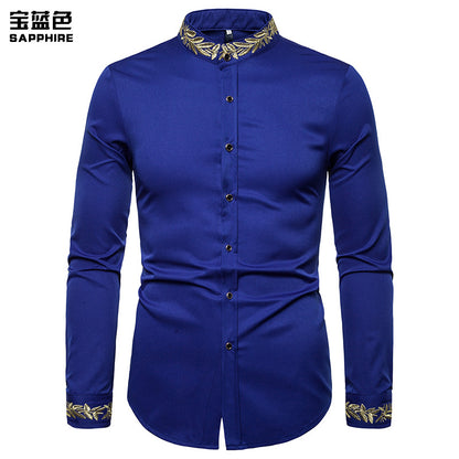 Men Turtleneck Embroidery Floral Fabric Long Sleeves Shirt