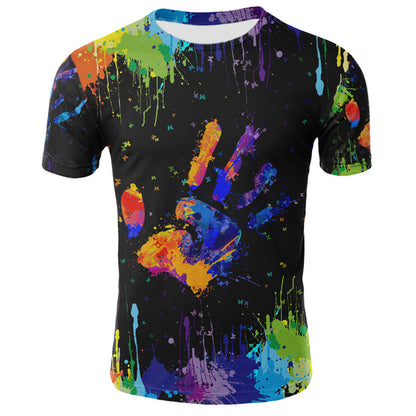 Men's Colorful Splatter Paint Round Neck Handprint Print T-Shirt