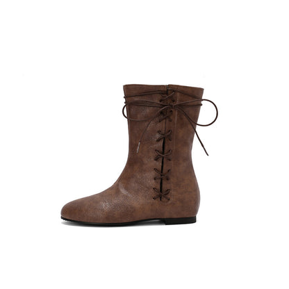 Women'S Lace-Up Round Toe Flat Mid Calf Boots