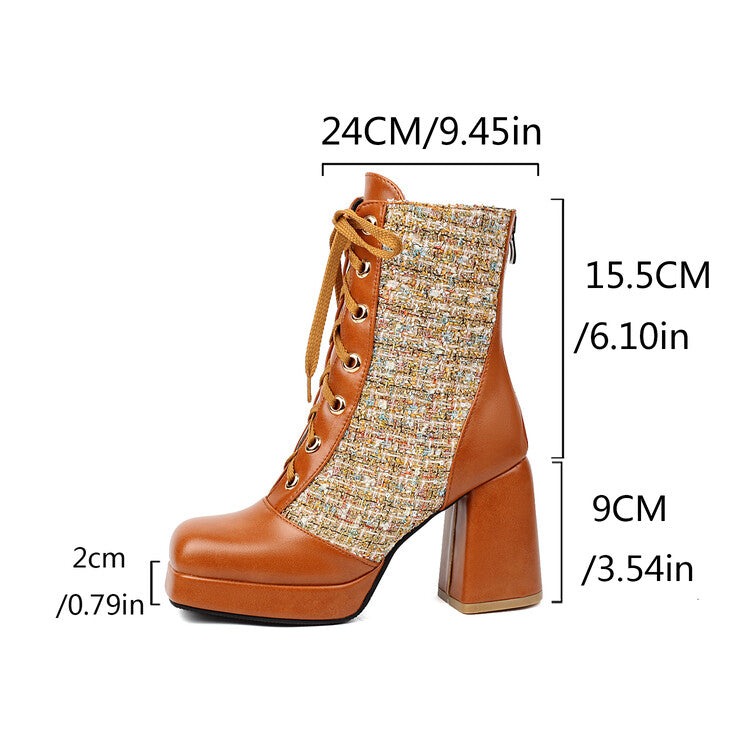 Women's Square Toe Lace-up Platform High Heel Ankle Boots