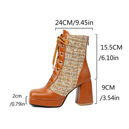 Women's Square Toe Lace-up Platform High Heel Ankle Boots