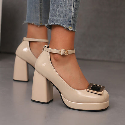 Women's Square Toe Ankle Strap High Heel Platform Pumps