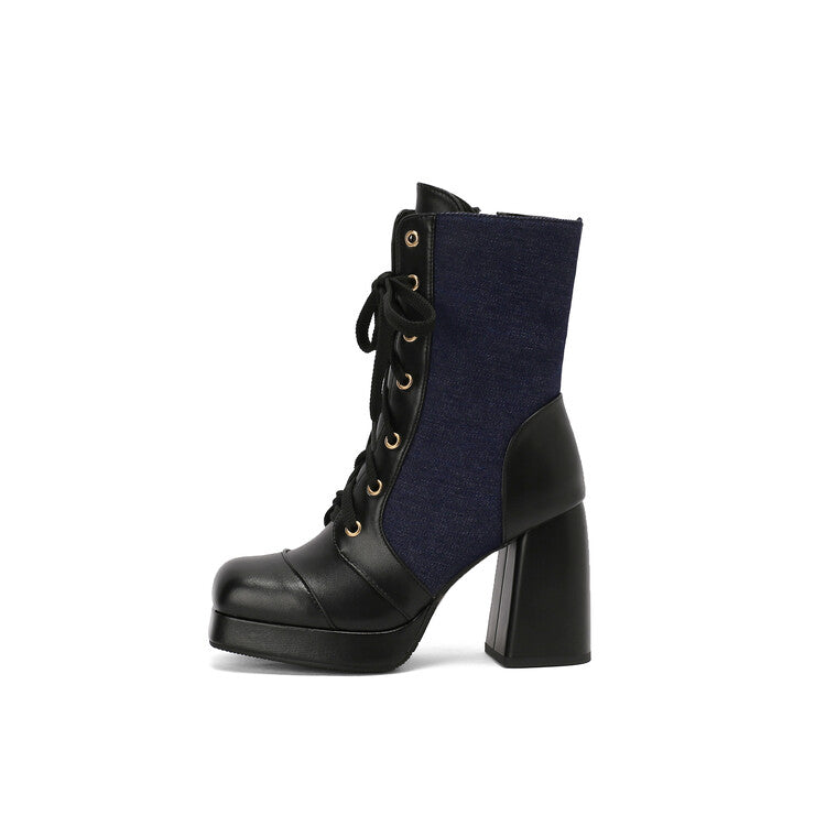 Women's Square Toe Lace-up High Heel Mid-Calf Boots