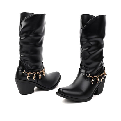 Women's Chains Pointed Toe Mid-Calf Western Boots