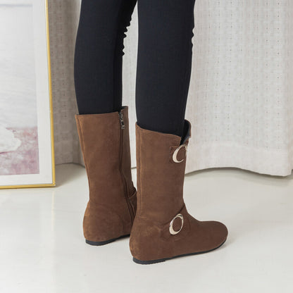 Women's Metal Decor Round Toe Increased Internal Mid Calf Boots