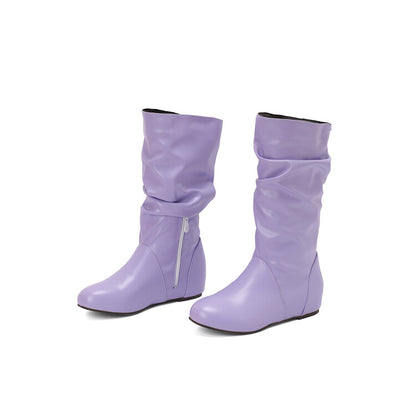 Women's Pleated Round Toe Increased Internal Mid-Calf Boots