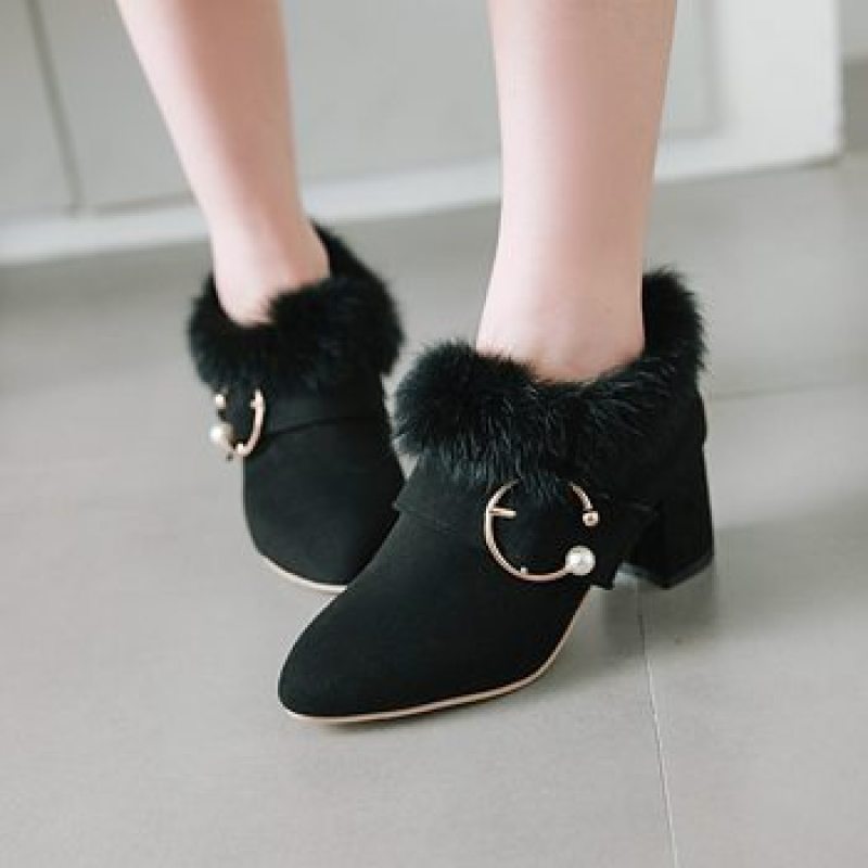 Women's Flock Pointed Toe Pearls Buckle Straps Floppy Block Chunky Heel Short Boots