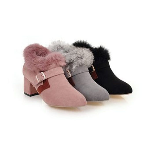 Women's Flock Pointed Toe Buckle Straps Floppy Block Chunky Heel Short Boots