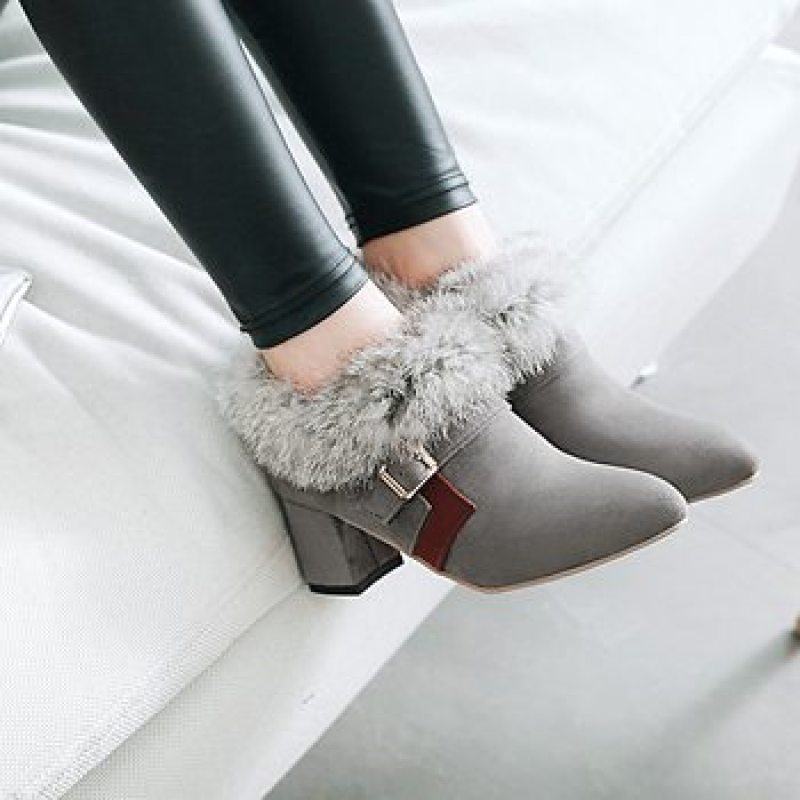 Women's Flock Pointed Toe Buckle Straps Floppy Block Chunky Heel Short Boots
