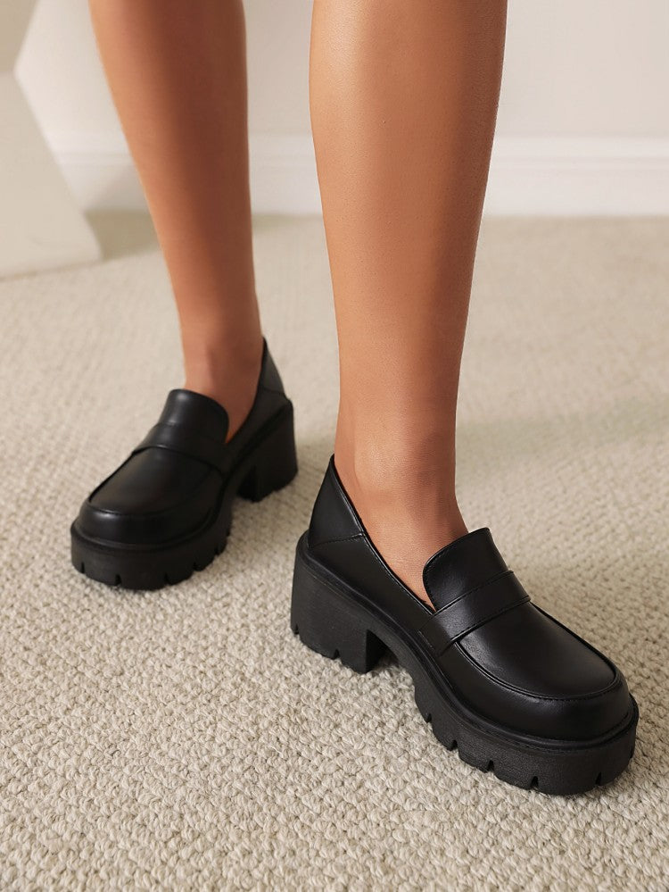 Women's Round Toe Shallow Block Chunky Heel Platform Loafers