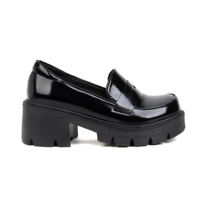 Women's Round Toe Shallow Block Chunky Heel Platform Loafers