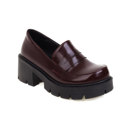 Women's Round Toe Shallow Block Chunky Heel Platform Loafers