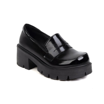 Women's Round Toe Shallow Block Chunky Heel Platform Loafers