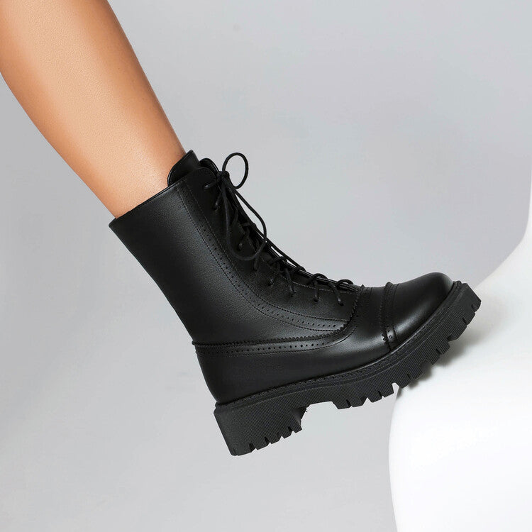 Women's Lace-Up Round Toe Flat Platform Short Boots