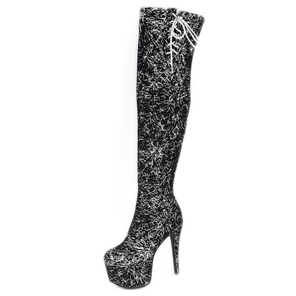 Women's Sequins Platform Stiletto Heel Side Tied Over the Knee Boots