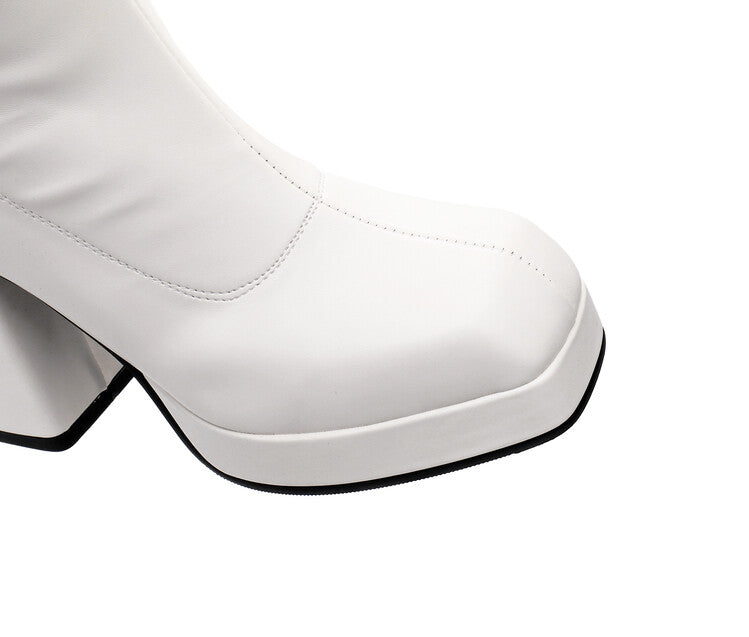 Women's Square Toe Block Chunky Heel Platform Knee High Boots