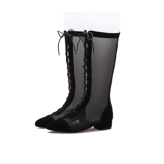 Women's Pointed Toe Mesh Lace-Up Mid Calf Boots
