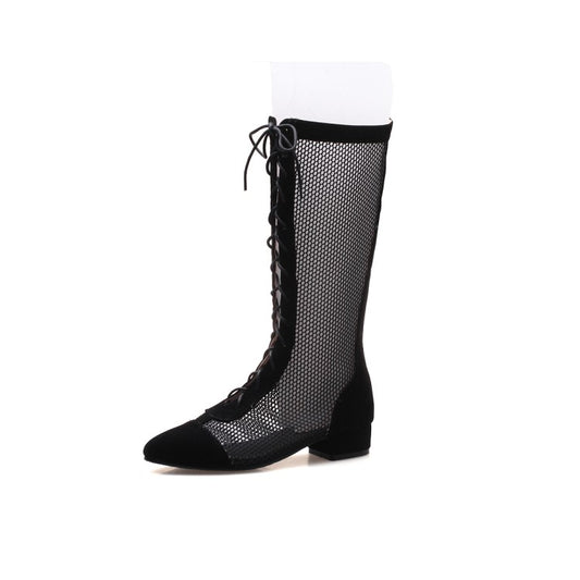Women's Pointed Toe Mesh Lace-Up Mid Calf Boots