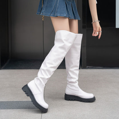 Women's Round Toe Platform Wrinkled Over the Knee Boots