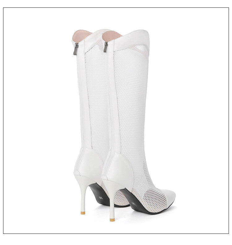 Women's Pointed Toe Mesh Stiletto Heel Knee High Boots