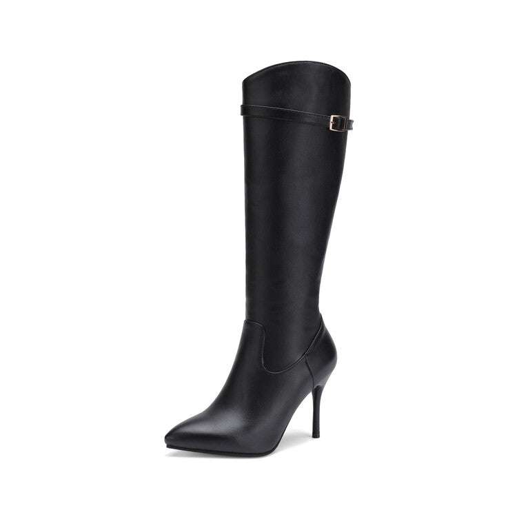 Women's Pointed Toe Buckle Straps Stiletto Heel Zipper Knee High Boots