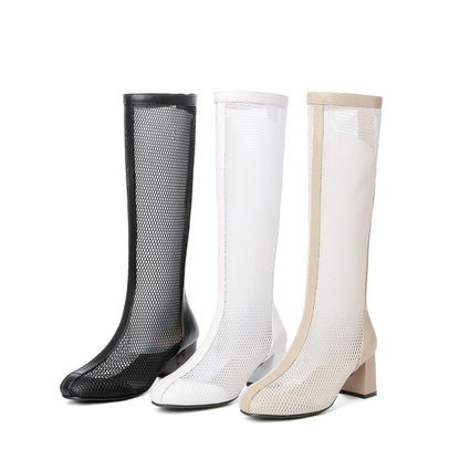 Women's Round Toe Mesh Block Chunky Heel Knee High Boots