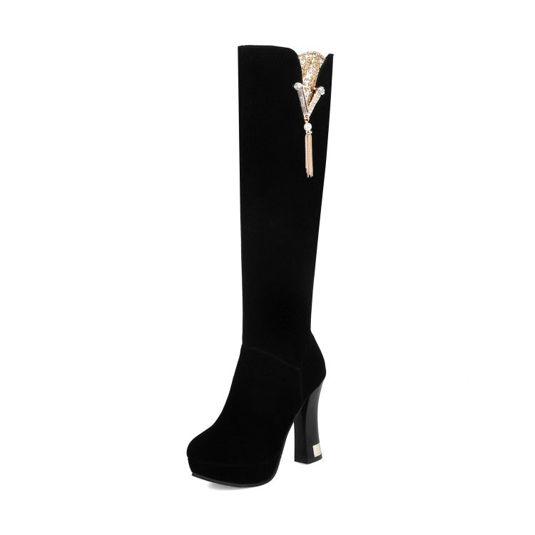 Women's Flock Rhinestone Tassel Side Zippers Spool Heel Platform Knee High Boots