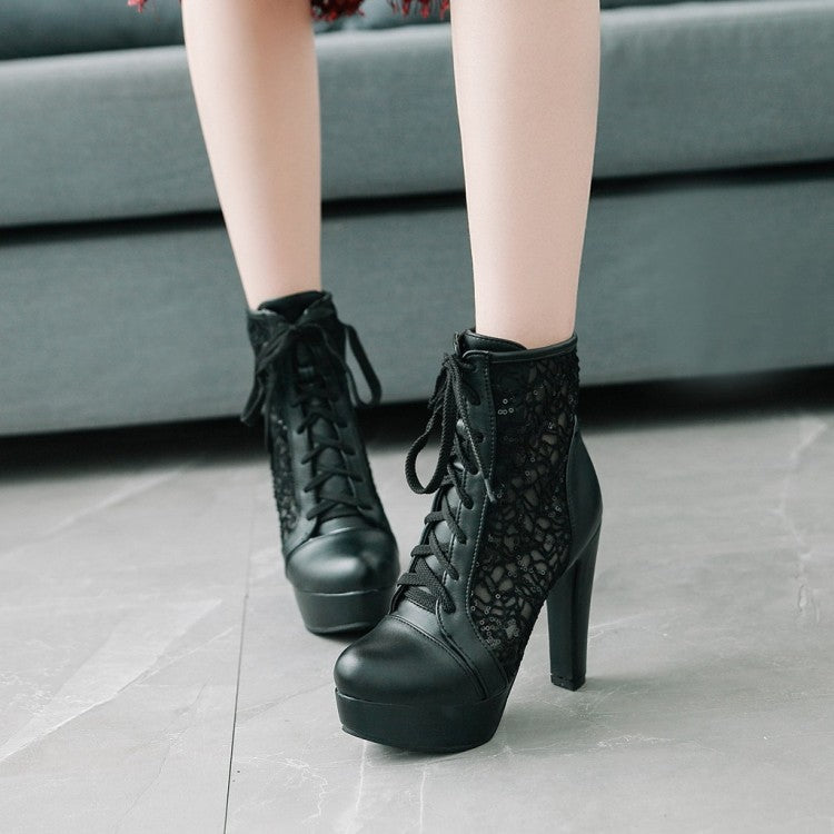 Women's Almond Toe Lace Lace-Up Clear Block Chunky Heel Platform Short Boots