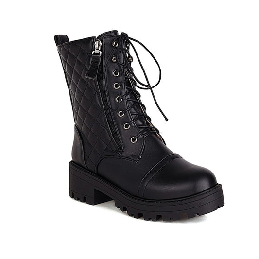 Women's Round Toe Lace-Up Side Zippers Block Chunky Heel Platform Short Boots