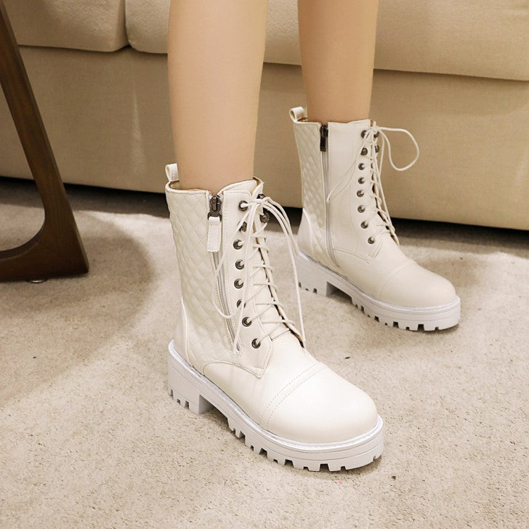 Women's Round Toe Lace-Up Side Zippers Block Chunky Heel Platform Short Boots