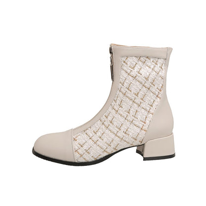 Women's Round Toe Pu Leather Lattice Patchwork Zippers Block Chunky Heel Short Boots