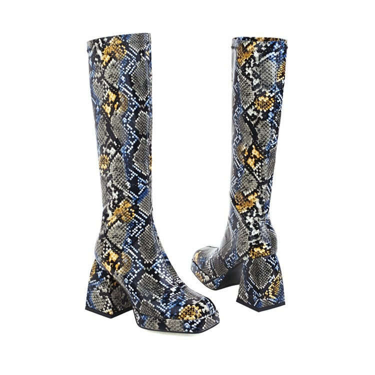 Women's Snake-printed Pu Leather Square Toe Block Chunky Heel Platform Knee High Boots