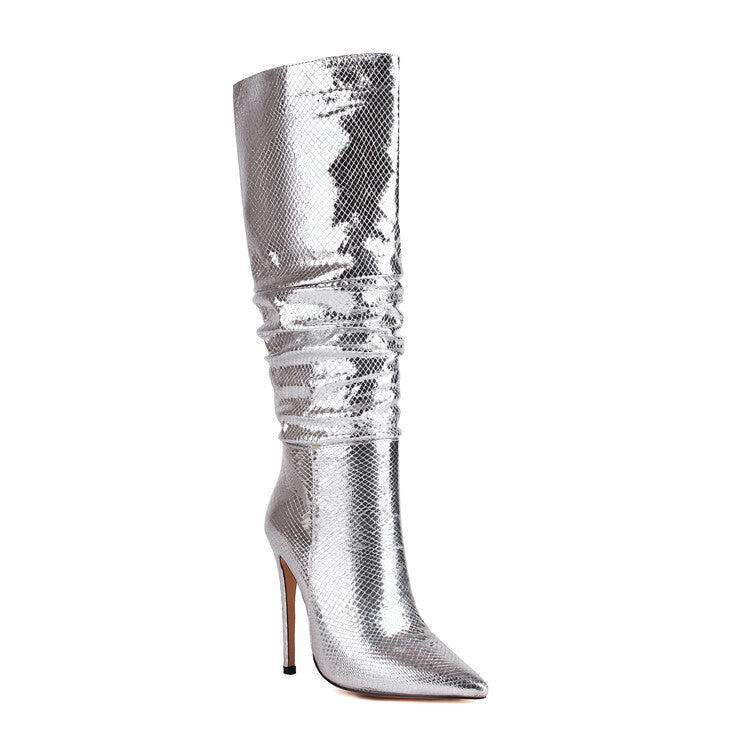 Women's Glossy Pointed Toe Stiletto Heel Slouch Knee High Boots