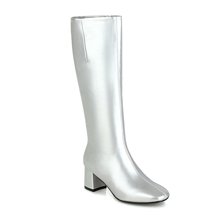 Women's Square Toe Side Zippers Chunky Heel Knee-High Boots