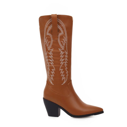 Women's Pointed Toe Side Zippers Embroidery Flowers Beveled Heel Knee-High Boots