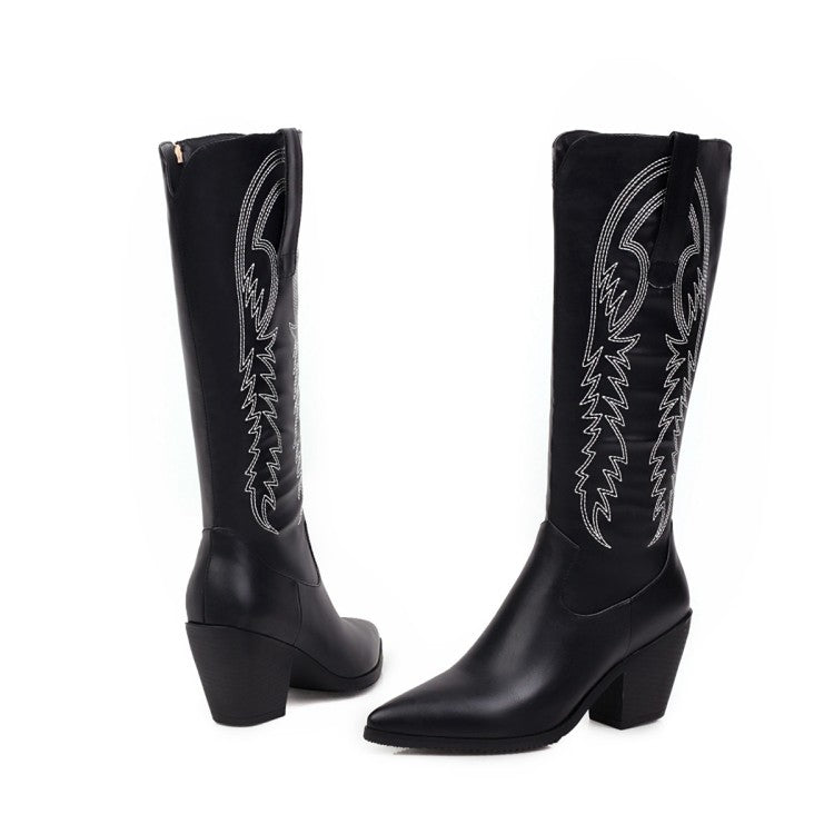 Women's Pointed Toe Side Zippers Embroidery Flowers Beveled Heel Knee-High Boots