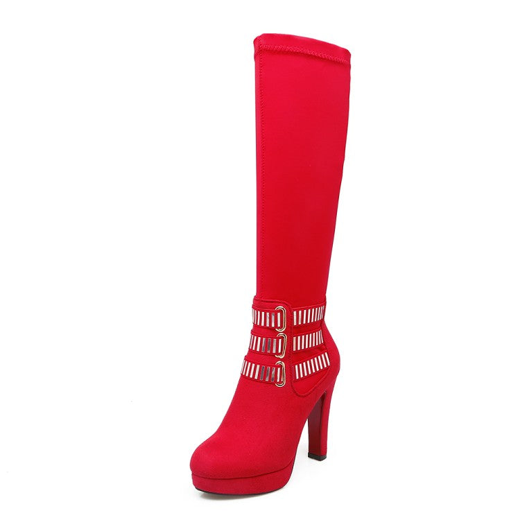 Women's Glittery Sequins Chunky Heel Platform Knee-High Boots