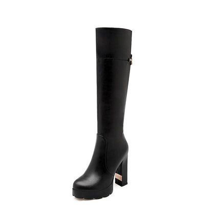 Women's Round Toe Side Zippers Chunky Heel Platform Knee-High Boots