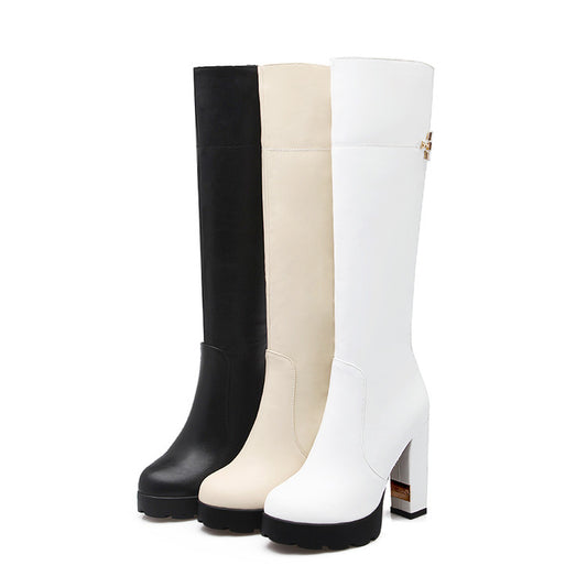 Women's Round Toe Side Zippers Chunky Heel Platform Knee-High Boots