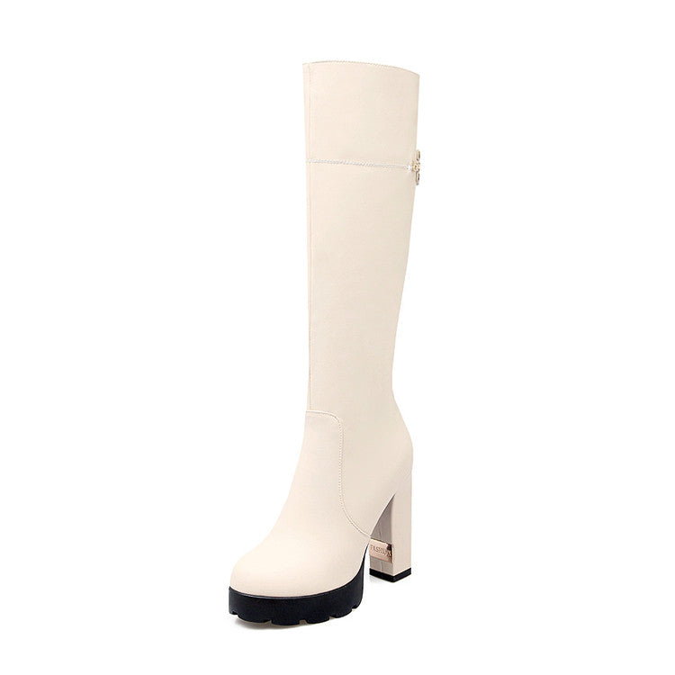 Women's Round Toe Side Zippers Chunky Heel Platform Knee-High Boots