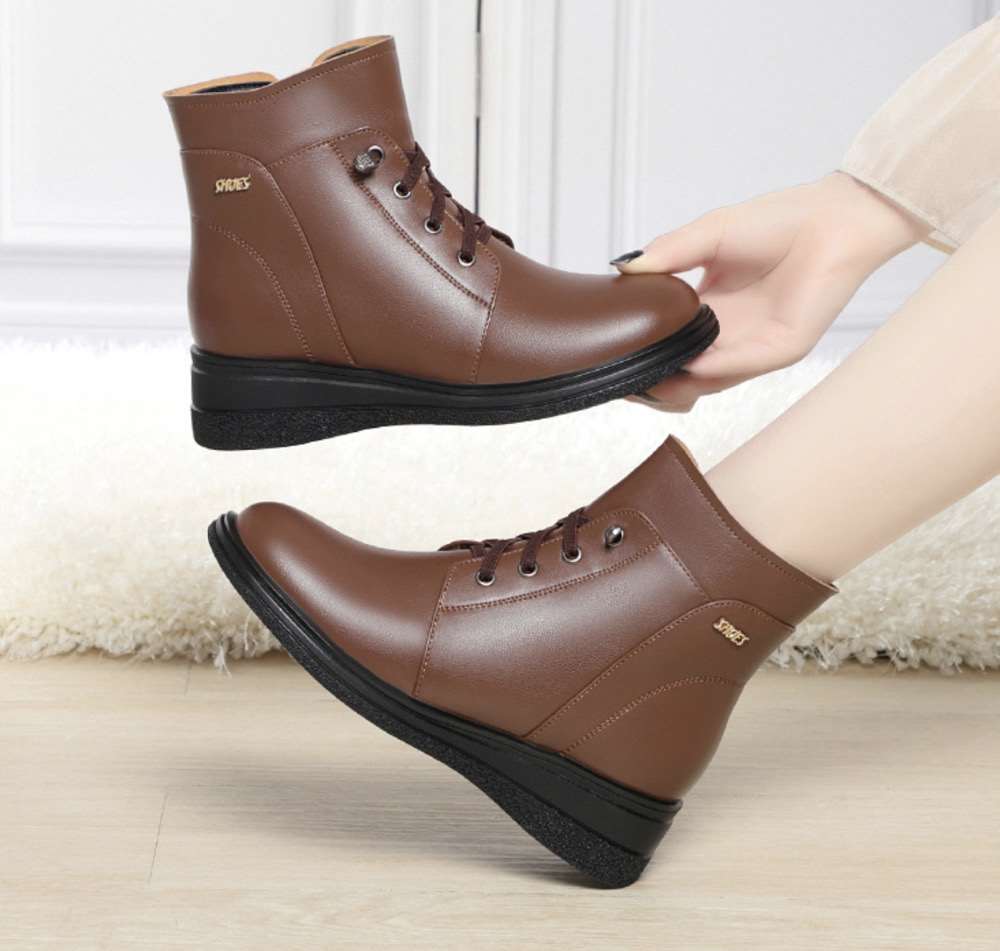 Women's Ankle Boots Lace-Up Warm Fluff Wedge Heel Booties