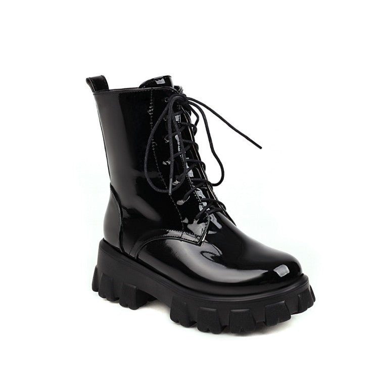 Women's Glossy Round Toe Lace-Up Side Zippers Block Chunky Heel Platform Short Boots