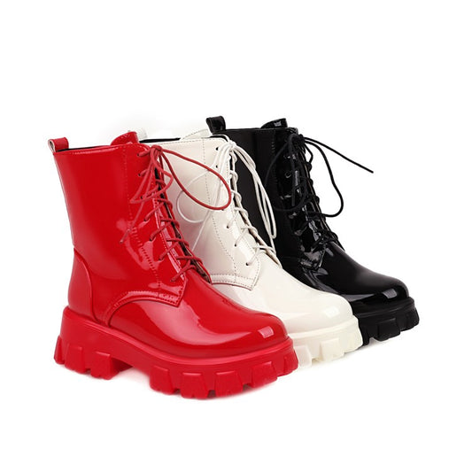 Women's Glossy Round Toe Lace-Up Side Zippers Block Chunky Heel Platform Short Boots