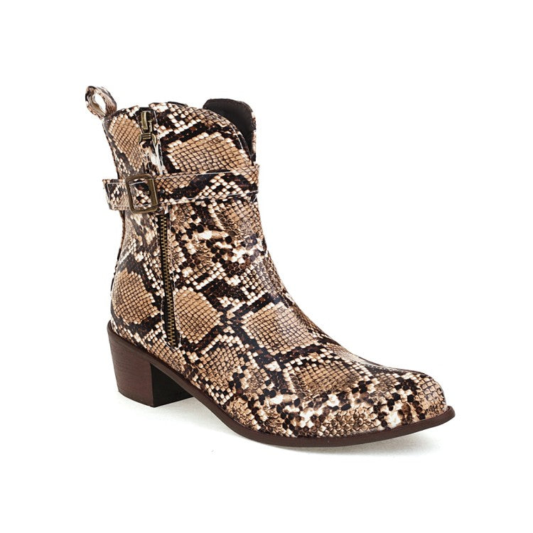 Women's Snake Printed Square Toe Side Zippers Block Chunky Heel Short Boots