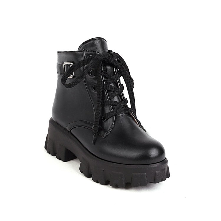 Women's Round Toe Lace Up Buckle Straps Block Chunky Heel Platform Short Boots