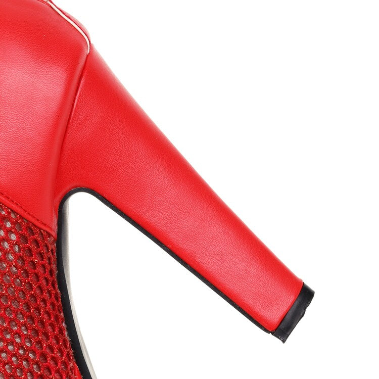 Women's Round Toe Mesh Back Zippers Block Chunky Heel Platform Short Boots