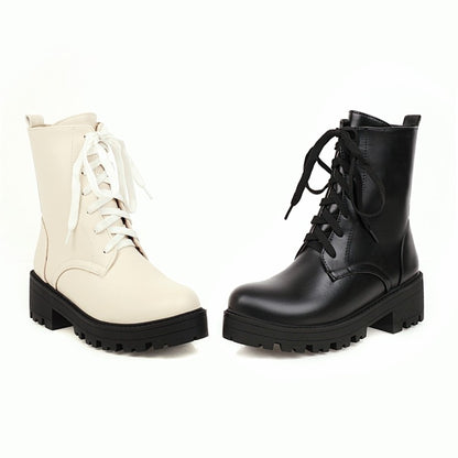 Women's Round Toe Lace-Up Side Zippers Block Chunky Heel Platform Short Boots